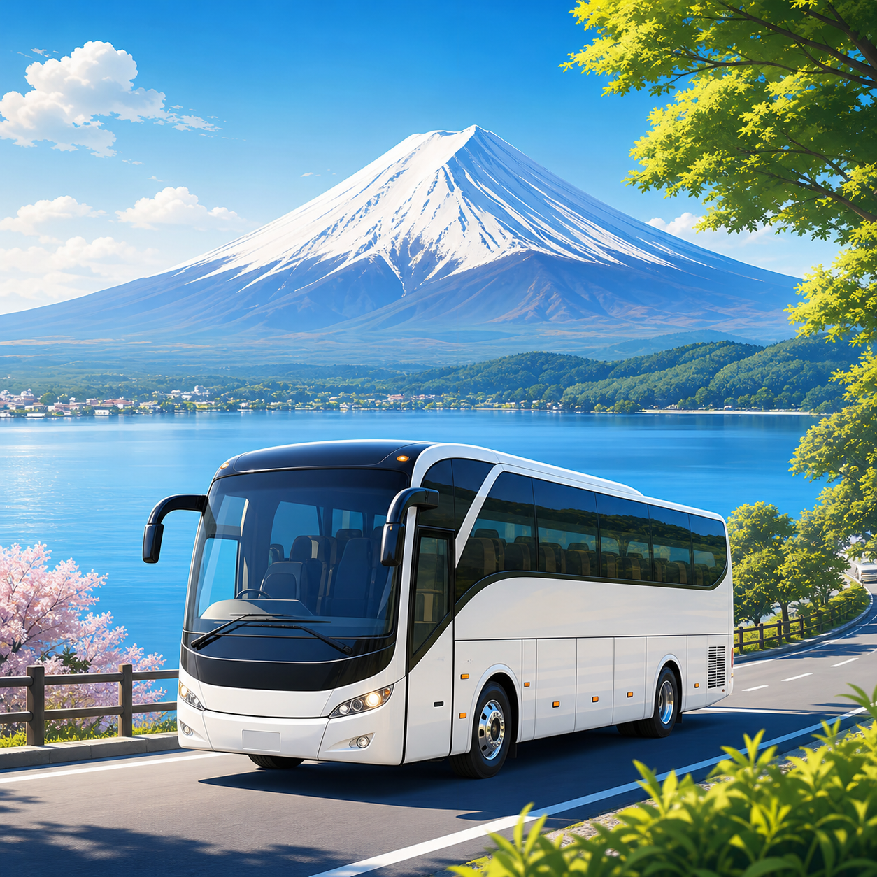 Charter bus driving beside a lake with Mount Fuji in the background