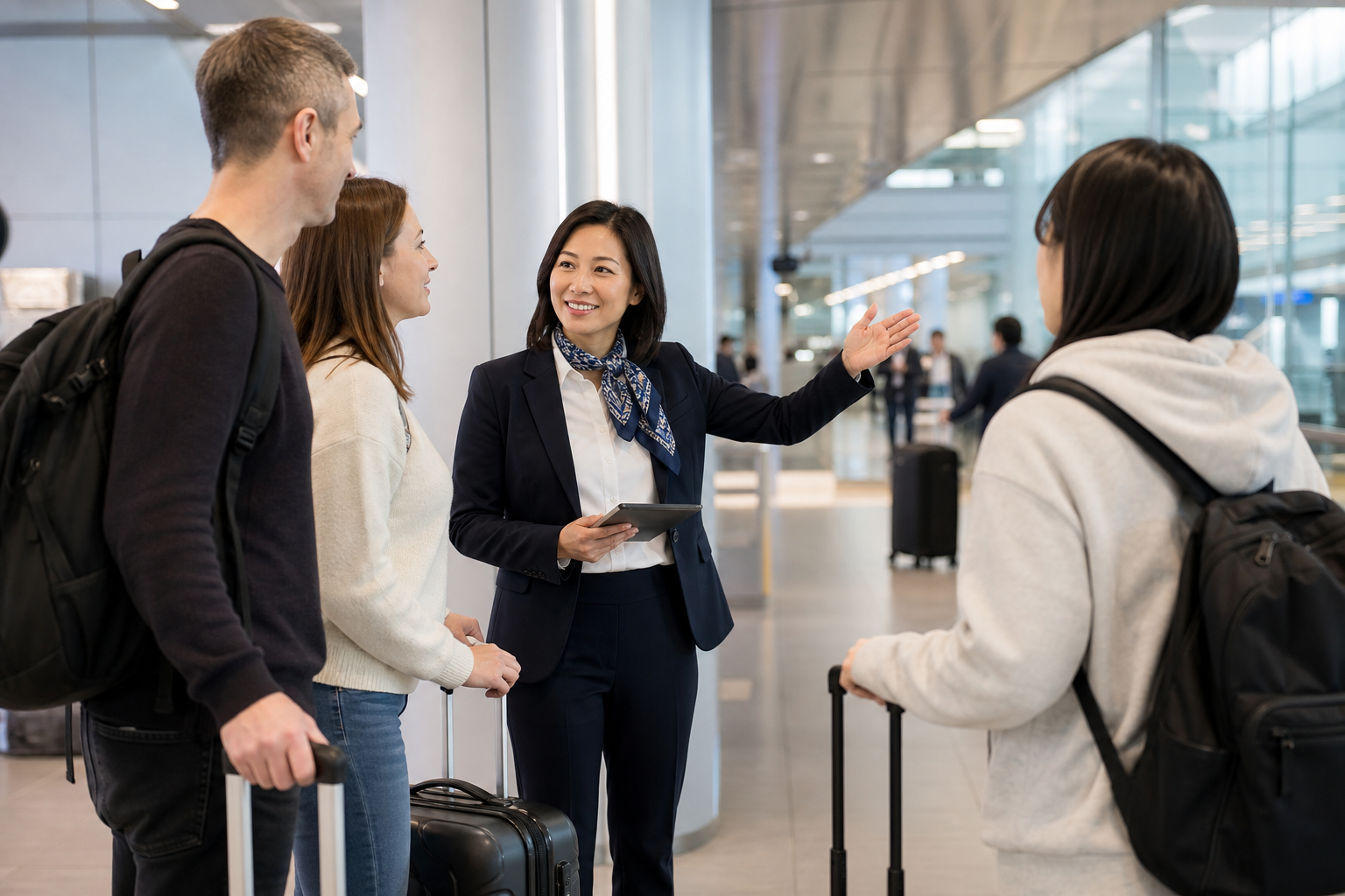 Airport meet and greet staff welcoming inbound guests with luggage in Japan