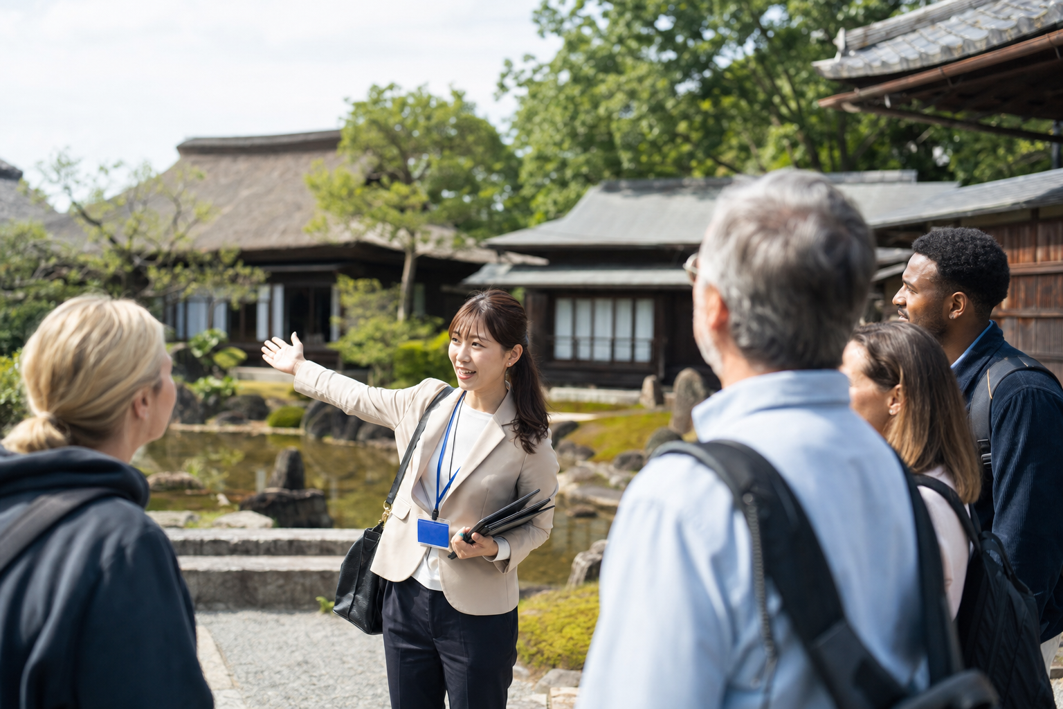 Bilingual guide explaining a sightseeing location to an inbound tour group in Japan