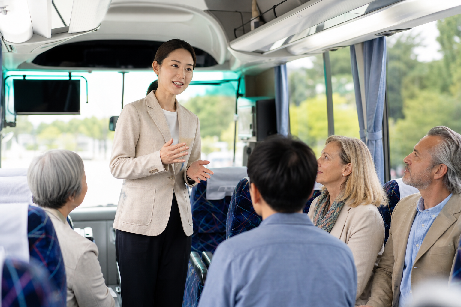 Interpreter speaking with inbound tour guests on a charter bus in Japan