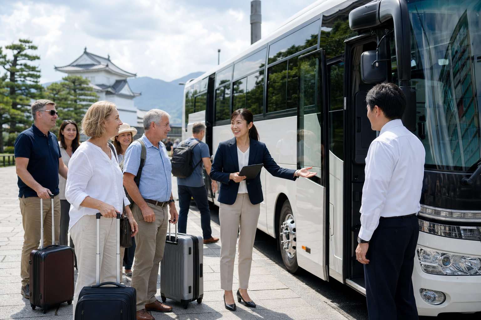 Travel assistant helping an inbound group board a charter bus in Japan